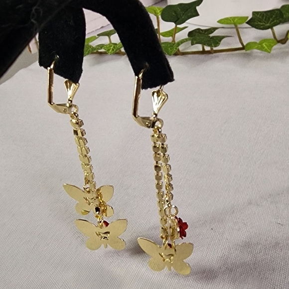 Gold Dangle Earrings with Butterfly and Red Rose Flower - Picture 10 of 11